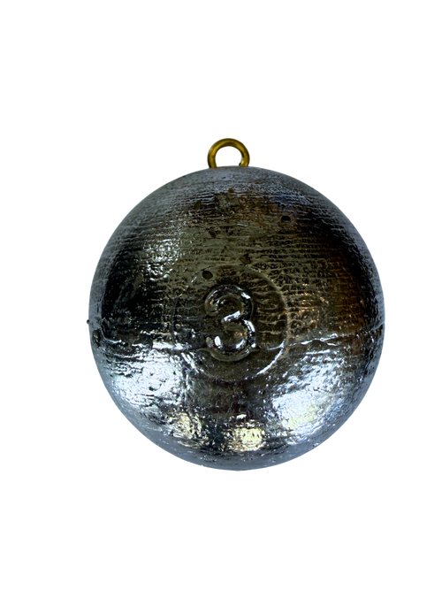 A round, metallic silver fishing sinker weight with a small gold-colored metal loop at the top, isolated on a white background.